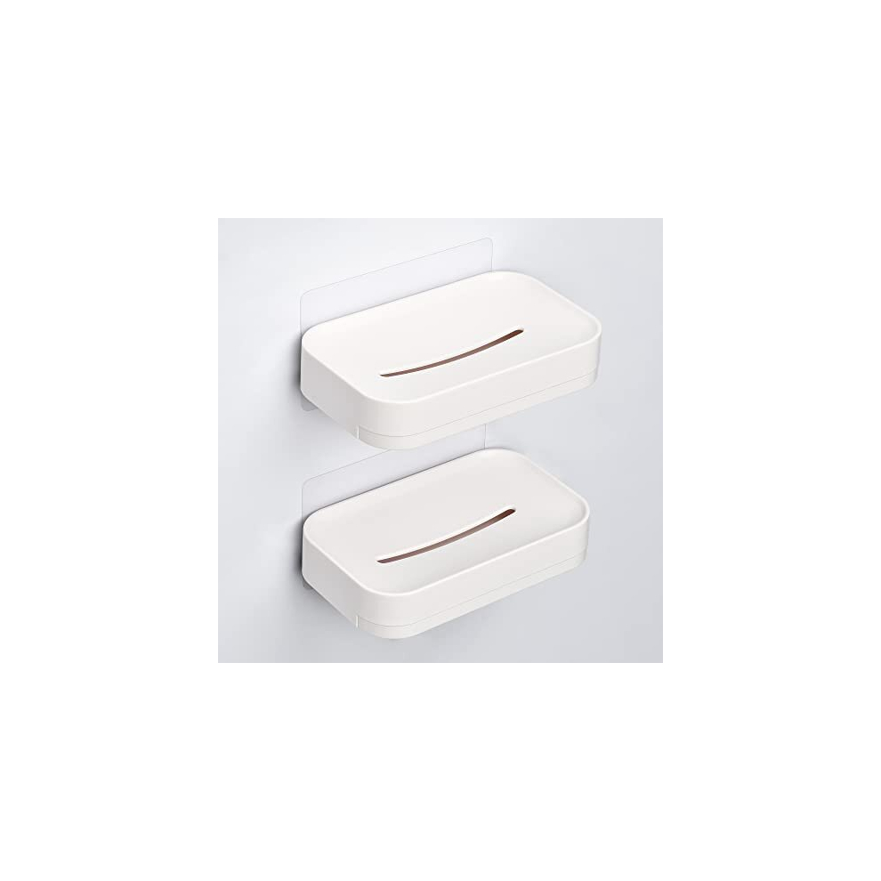White Adhesive Shower Bar Soap Holder Wall Mounted Stick on Bathroom Soap Dish No Drilling Plastic Hanging Soap Bar Tray with Drainage 2PCS