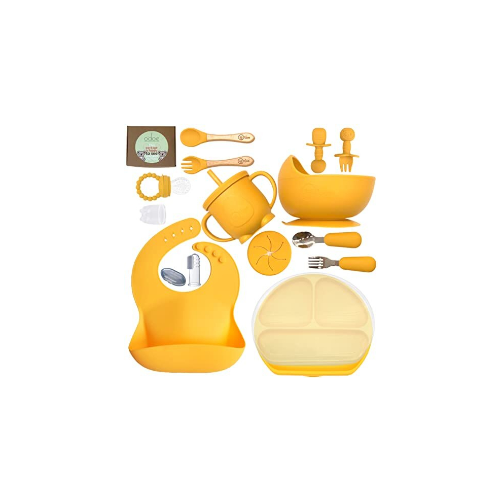 O'doe Baby Led Weaning Feeding Supplies For Toddlers, Baby Feeding Set (17 Pcs) | Suction Silicone Baby Bowl Self Eating Utensils With Spoons, Cup, Bibs,