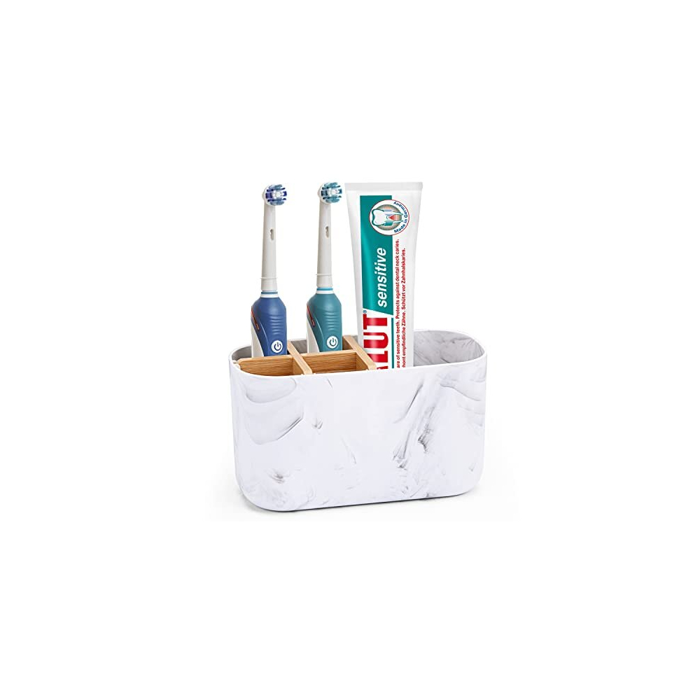 Chonly Bamboo Toothbrush Holder For Bathroom Storage Organizer Caddy, Electric Toothbrush Holder For Kids Family, 5 Slots Toothbrush And Toothpaste Holder