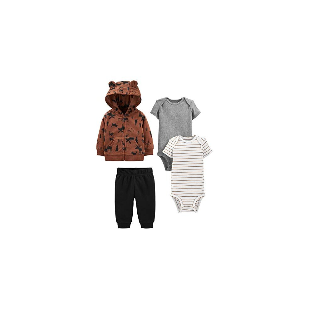 Ensemble 4 pièces veste, pantalon et body pour bébé garçon, noir/renne marron/gris chiné/rayures blanches, 12 mois