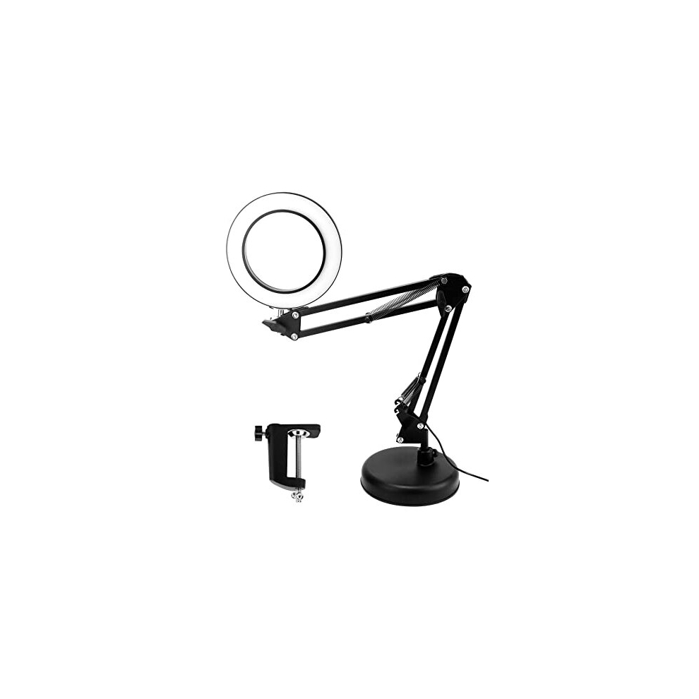Qwork Magnifying Lamp With Clamp & Base, 10X Magnifier Lamps, 3 Color Modes & 10 Brightness Dimmable, Adjustable Swivel Arm Lamp, Black