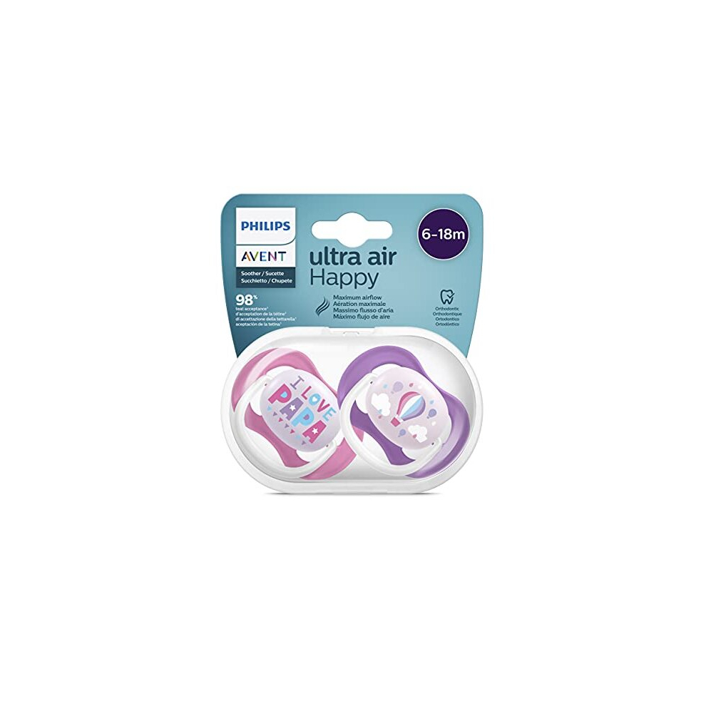 Avent Ultra Air Pacifier, for 6-18m, Orthodontic & BPA-Free, 2 pcs, Including Sterilizer/Carrying Case, SCF080/04 Raspberry Pink and Purple