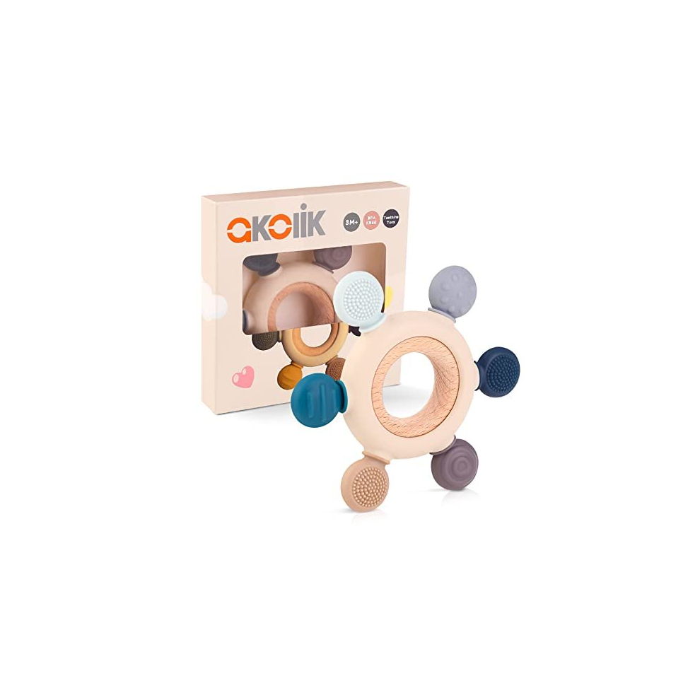 Teething Toys For Baby, Baby Teether, Silicone Teething For Babies 0-6 6-12 Months, Bpa-Free With Wooden Ring Silicone Chewable Teether Akolik
