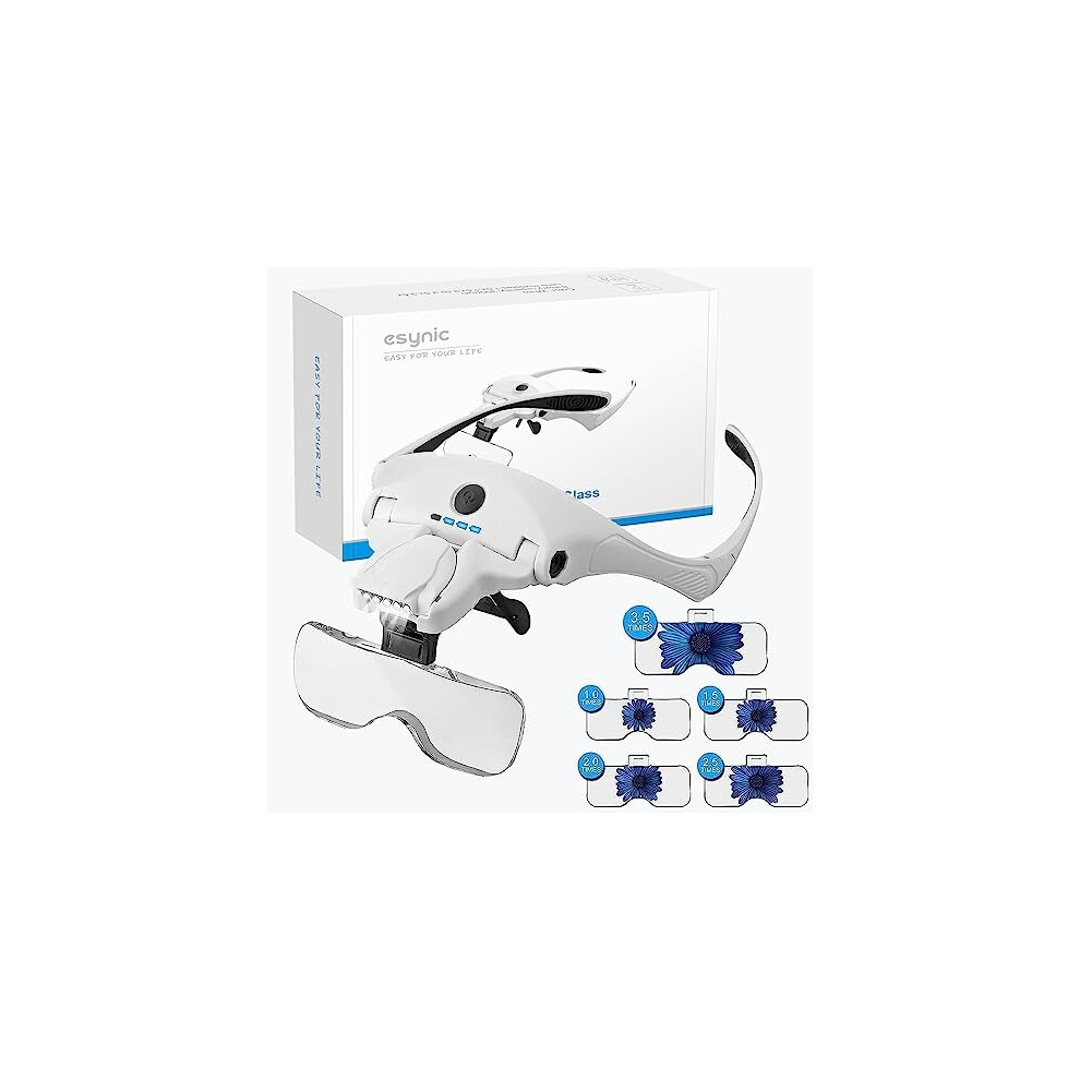 Esynic Light Headband Magnifying Glass Led Headband Magnifying Glass Usb Charging Handsfree Magnifier Head Magnifier With And 5 Detachable Lenses(1X-3.5X)