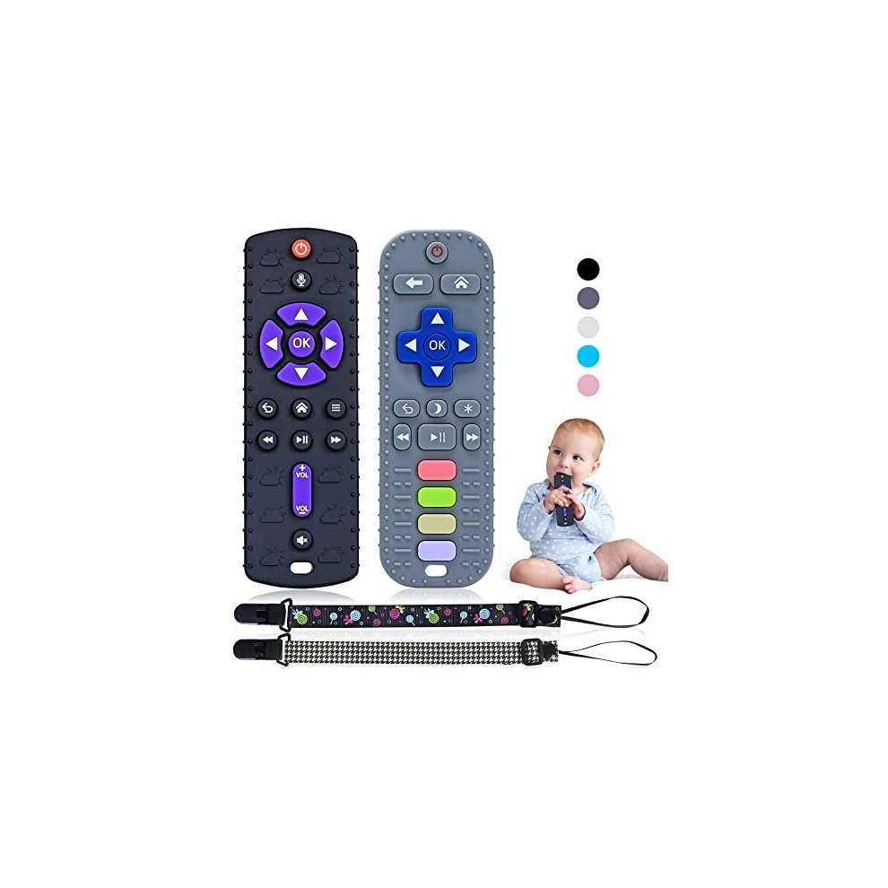 Orzbow Silicone Teething Toys For Baby,2 Pack Remote Control Shape Baby Teether With Pushable Buttons For 0-6 Months,Early Educational Baby Sensory Chew Toy