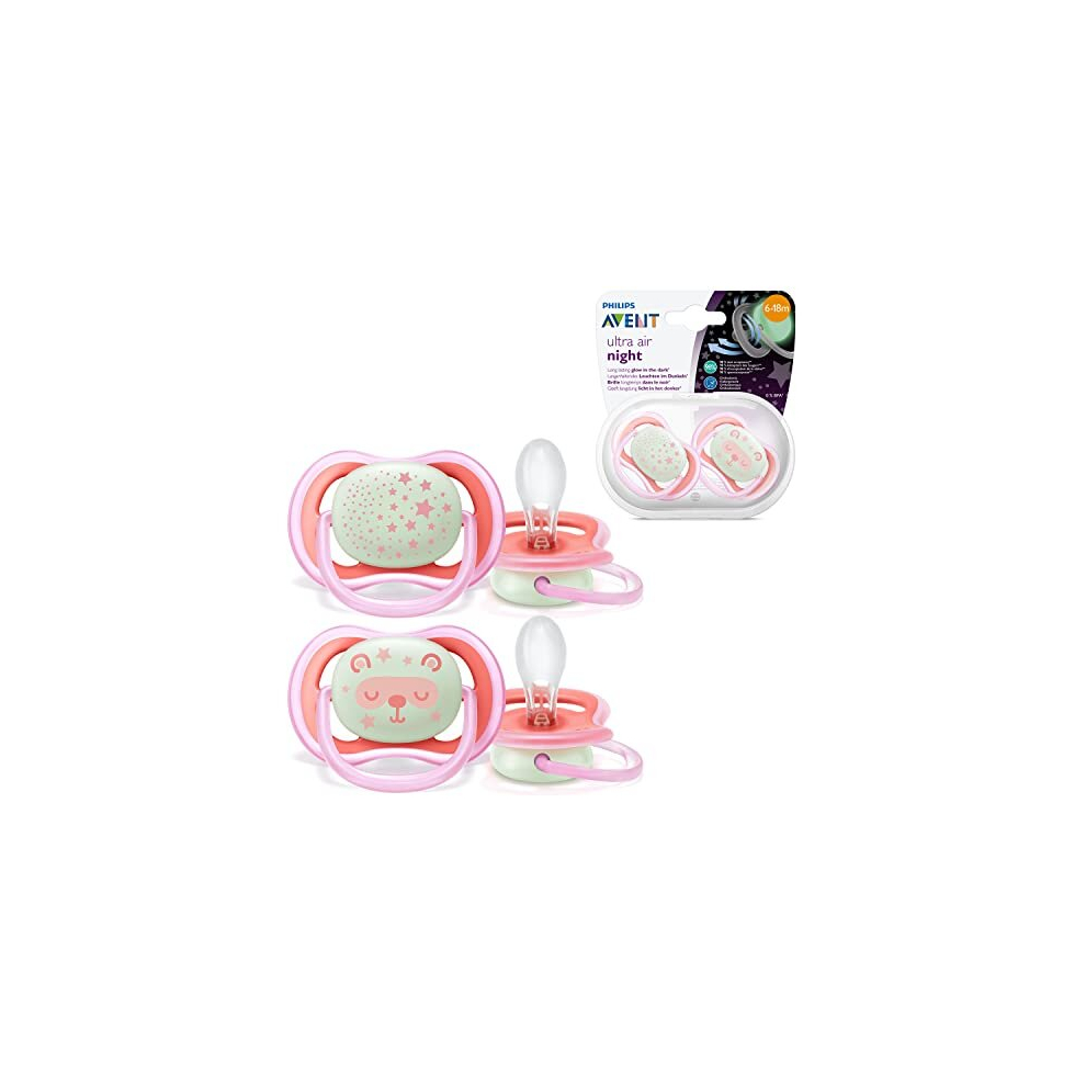 Avent Soothers, 6-18m Ultra Air Night Soother with Glow-in-the-Dark Button, Star/Bear Design, Pink (Pack of 2) - SCF376/22