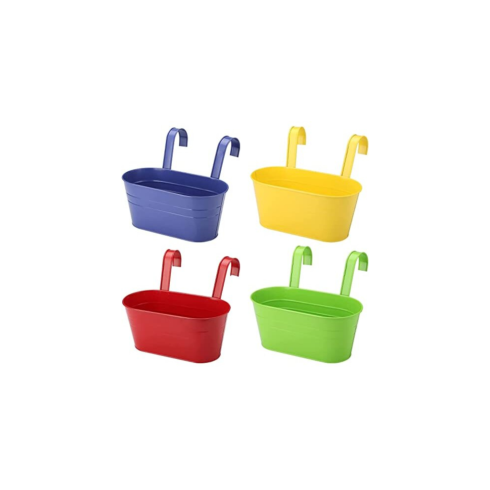 4Pcs Metal Hanging Flower Pots, 27.5cm Large Plant Pots Hanging Flower Bucket with Detachable Hook for Balcony Fence Garden Home Decor (4 Colors)