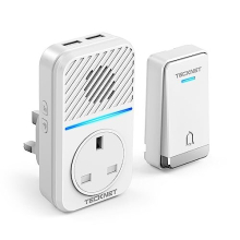 TECKNET Plug-Through Wireless Doorbell with Two USB Ports, 400M Range, IP65 Waterproof Self-Powered Cordless Doorbell Kit, 60 Chimes