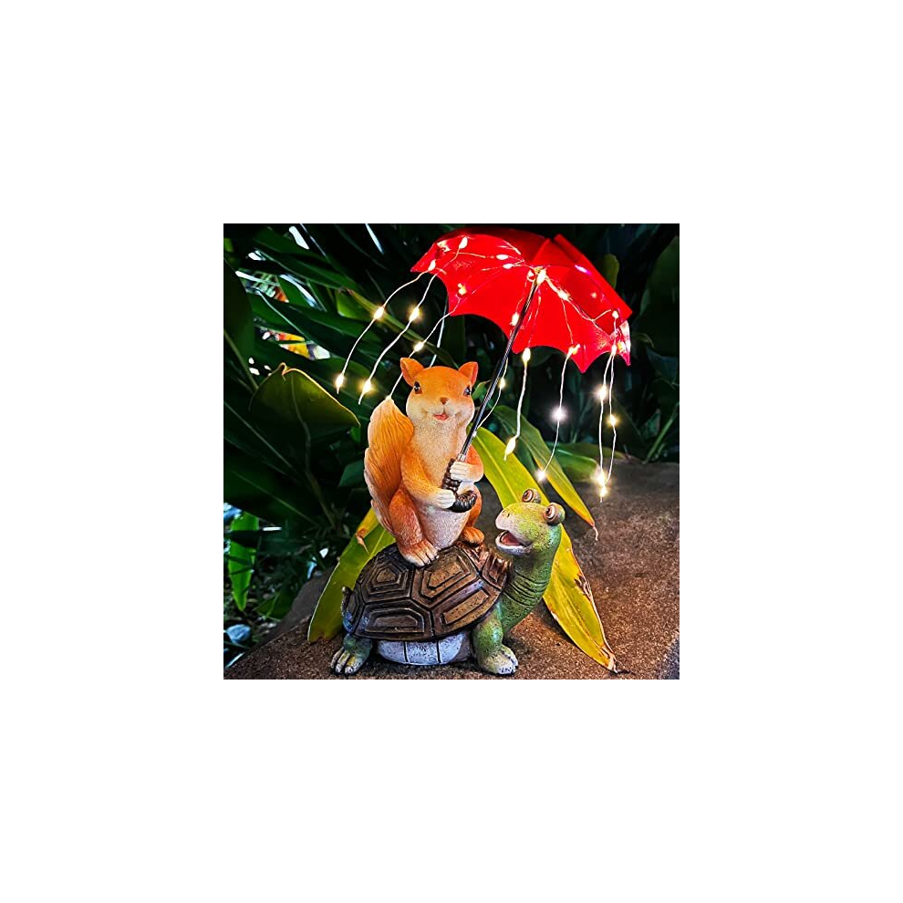 Garden Ornaments Outdoor, Solar Statue | Squirrel Siting on Turtle Holding an Umbrella with String Lights - IP65 Waterproof Garden Gifts for Lawn Yard