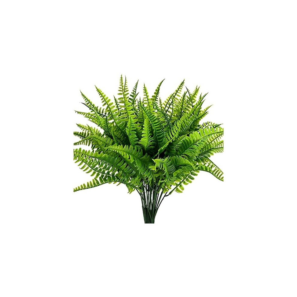 6Pcs Artificial Fern Outdoor Faux Fern Plants Fake Boston Fern Plants Plastic Greenery Bushes Shrubs Bundles Patio Basket Pot Hanging Garden Planter