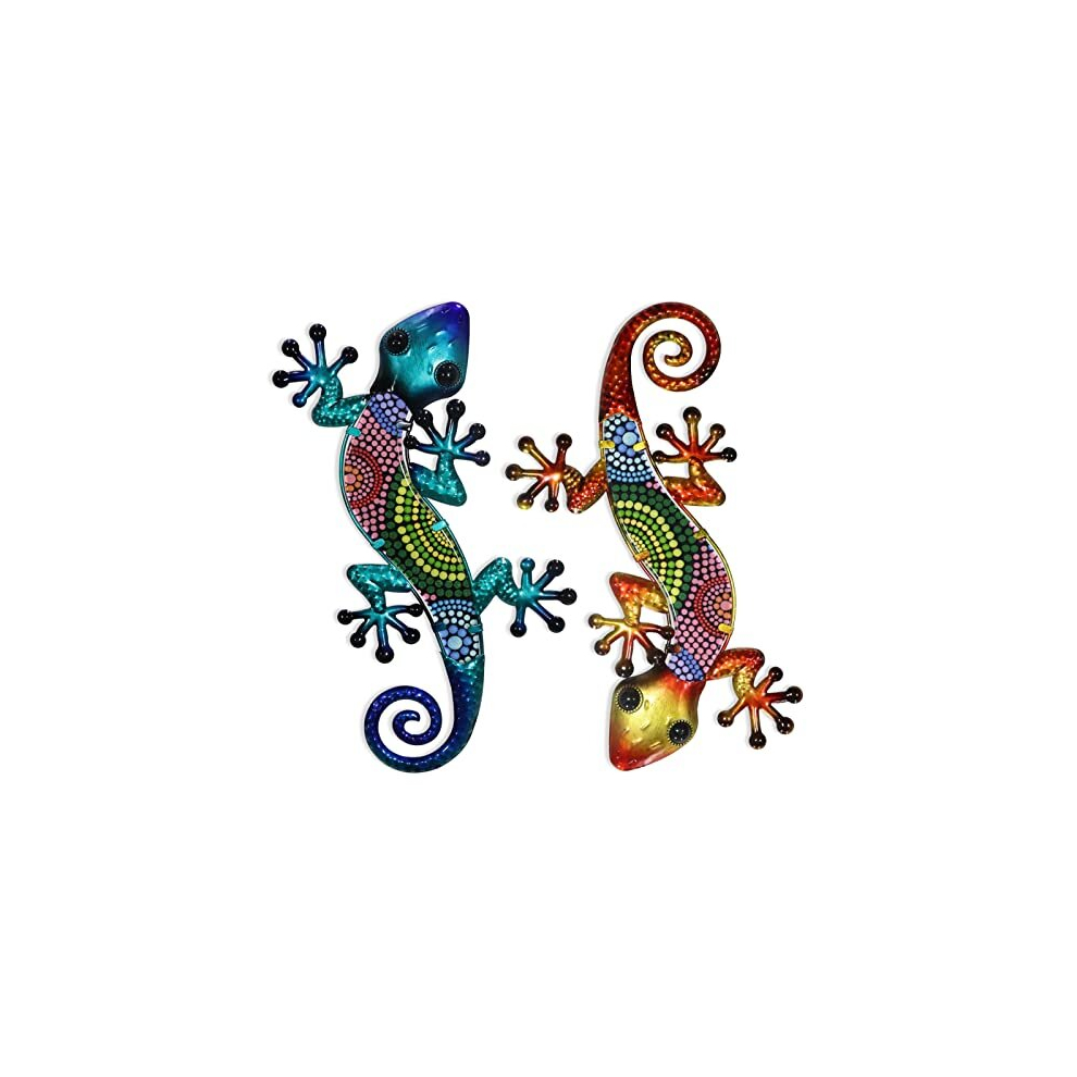 Metal Gecko Wall Art 2 Pack 15 Inch Lizard Outdoor Decor Hanging Glass Sculpture Decoration for Garden Fence Home