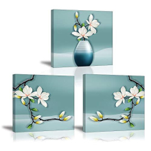 3 Pieces Modern Canvas Painting Wall Art For Home Decoration Elegant Magnolia Flowers Print On Canvas Pink Floral in Blue vase Artwork For Wall Decor