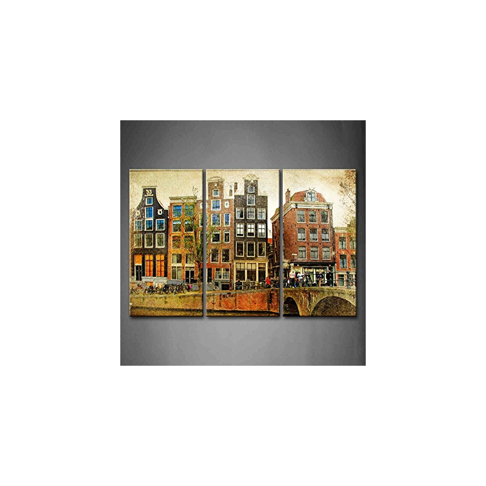 3 Panel Wall Art Amsterdam Retro Styled Picture Bridge River Tree Houses Vehicle Painting Pictures Print On Canvas Architecture The Picture For Home