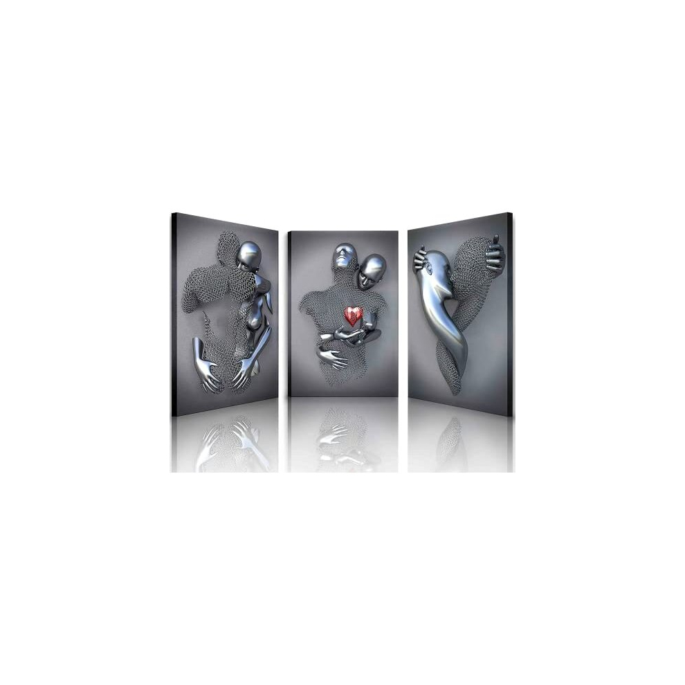 Bedroom Wall Decor,Framed Romantic Couple Living Room Canvas wall art,Love Heart 3D Metal Sculpture Effect (16 * 24)