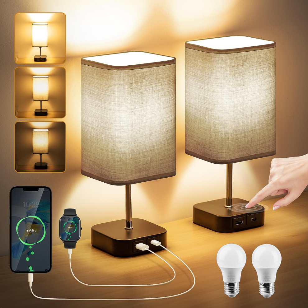 Bedside Lamps Set of 2 - Touch Lamps with USB-C+A Charging Ports, 3-Way Dimmable Table Lamp for Bedroom Living Room with Grey Fabric Shade (Bulbs
