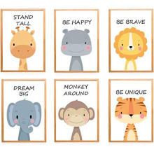 Baby Room Decoration Cartoon Animals Pictures - 6 Pack Theme Nursery Wall Art Decals for Boys Girls Kids Children's Bedroom - Without Frame