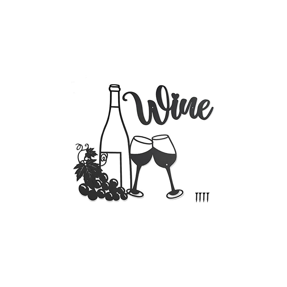 Kitchen Wine Theme Wall Decor, Modern Black Metal Wine signs Wall Art Decoration, Wine Glasses Bottle Grape Wall Hanging Sculpture for Indoor Outdoor