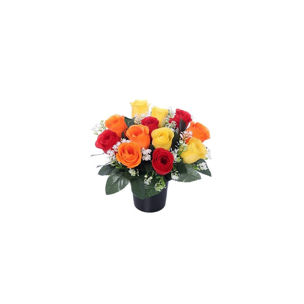 25cm Artificial Yellow Orange & Red Rose Grave Pot with 12 Flower Heads- Vase Insert Memorial