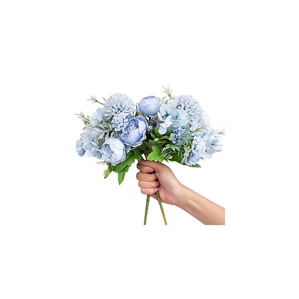 Artificial Flowers, 2 Pack Fake Peony Silk Light Blue Hydrangea Bouquet Decor Plastic Carnations Daisy Realistic Flower Arrangements Wedding