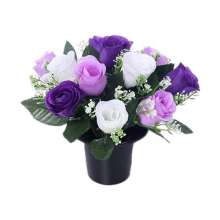 12-Head Lilac & White Roses with Gypsophila - Artificial Grave Flowers in Pot for Cemetery, Memorial or Christmas Decor | New & Improved Design