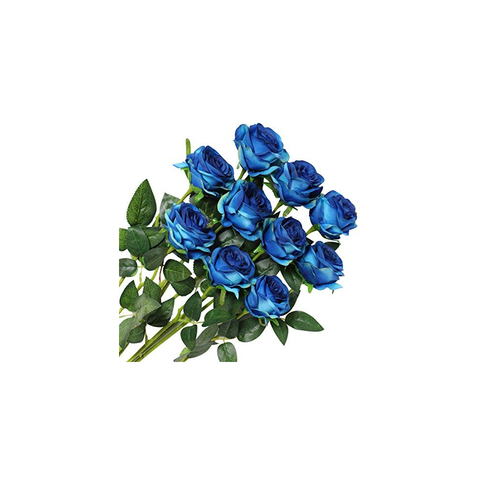 10 Pcs Artificial Roses Silk Flowers Fake Single Stem Blooming Rose Bridal Bouqets For Wedding Home Birthday Party Arrangment Garden Decoration (Blue)