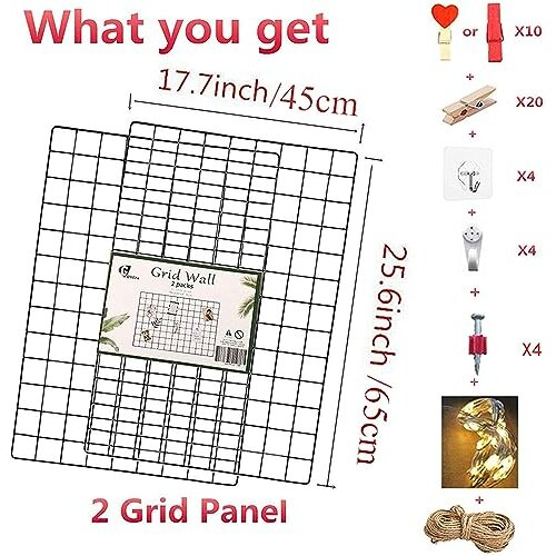 2 Pack Wall Grid Panel with Clips Hanging Photo Display Shelf Wire