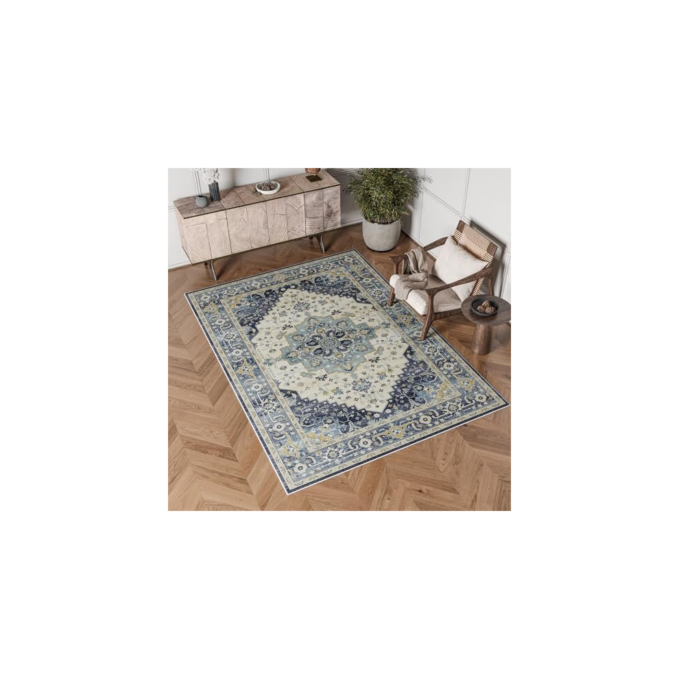 120x170cm Lounge Rug, Washable Living Room Rug Non Slip, Traditional Distressed Oriental Rug for Living Room Lounge Bedroom
