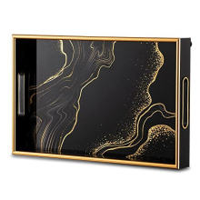 Black Decorative Coffee Tray: Gold Coffee Table Trays Decor Serving Tray with Handles for Ottoman Bar Home Decor Easy to Clean & Washable