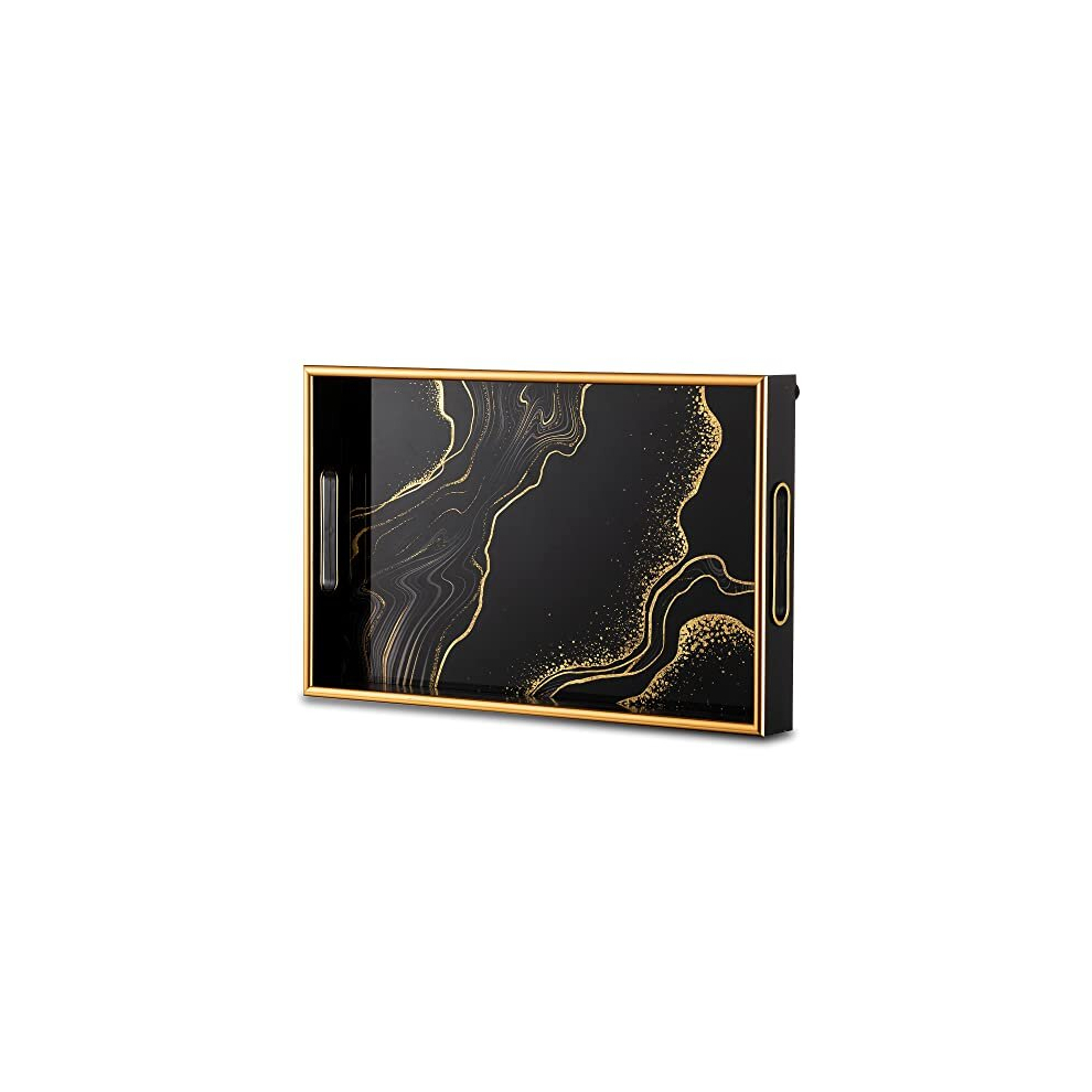 Black Decorative Coffee Tray: Gold Coffee Table Trays Decor Serving Tray with Handles for Ottoman Bar Home Decor Easy to Clean & Washable