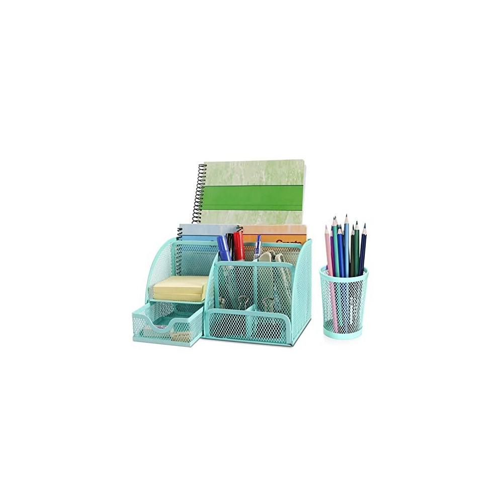 Desk Caddy Organizer Green Metal Mesh Office Desk Supplies Organizer Caddy Desk Accessories Set for Women Men Students, 6 Compartments with Drawer and-image-OPC-PD777TN-NEW