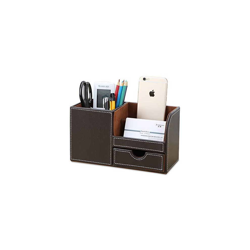 Desk Organiser Tidy Caddy Leather Pen Pencil Pots Holder Stationery Storage Office Desktop Supplies Organisers with Drawer Brown
