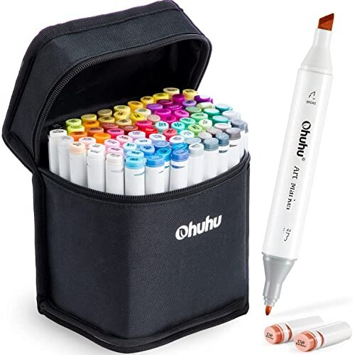Alcohol Markers, Ohuhu 40 Colours Double Tipped Art Markers for Adults Coloring Illustrations, Alcohol-based Ink with 1 Blender + 1 Marker Case Chisel