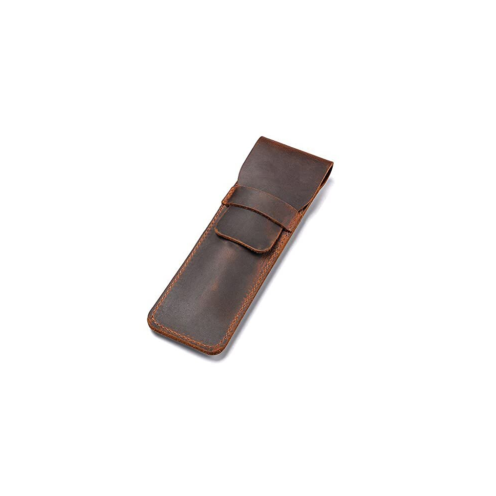 Leather Pen Case Holder Handmade Fountain Multi Pens Pouch Crazy Horse Leather Pen Protective Sleeve Cover – Brown S Size