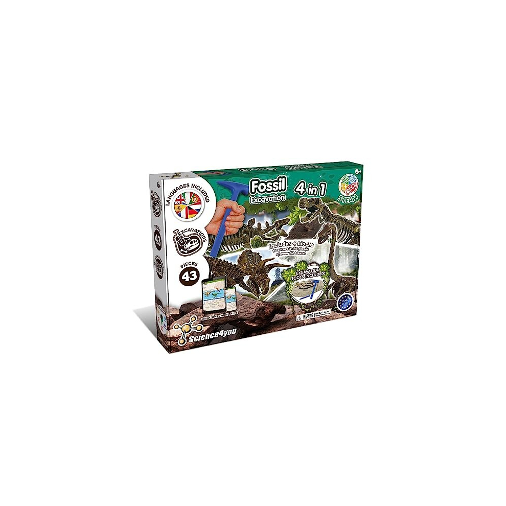 New Science4you Dinosaur Fossil Excavation Kit 4 In 1 - Fossil Digging Kit For Kids, Build 4 Dinosaur Fossils, 46 Pieces, Archeology Set, Dinosaur Toys, Games, Gifts