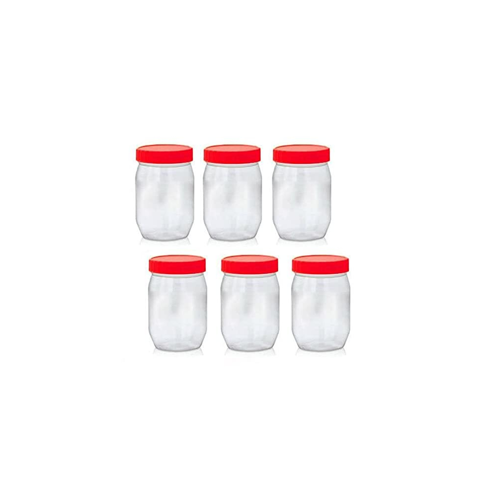 Pack of 6 Round 300ml Plastic Storage Jar With Screw Top Lids Red Airtight Food Storage Containers BPA Free For Kitchen, Herb, Spices, Sweets Clear