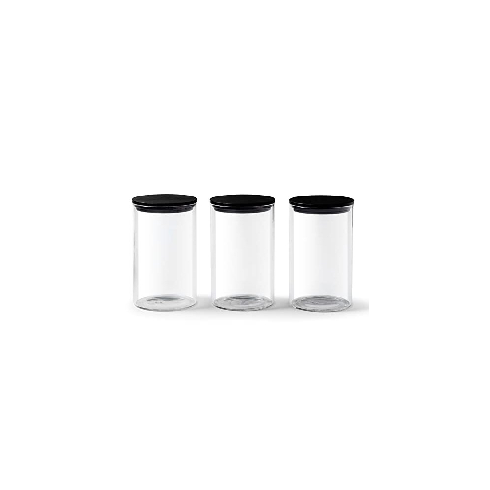 Franklin Lade Black Glass Storage Jars | 3 Piece Set 900Ml | Airtight Bamboo Lids | Glass Jars With Lids | Tea Coffee Sugar Canisters | Pantry Storage Containers |
