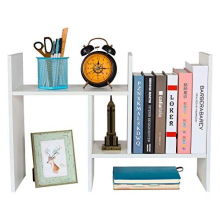 Wood Small Desk Shelves Adjustable Mini Desktop Bookshelf Freestanding Bookcase Home and Office Desk Tidy Organiser,White