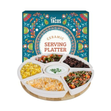 Ceramic Taco Serving Platter - Divided Serving Tray for Taco Tuesday rotating tray Taco Bar - Chip and Dip Serving Set for Party - Appetizer Serving T