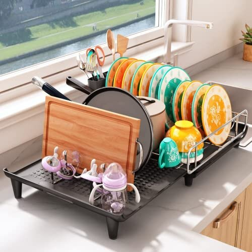 Dish Drying Rack, Expandable Dish Drainer Rack with Drip Tray & Non