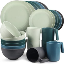 Unbreakable Plastic Dinnerware Set, Lightweight Camping Tableware with 6 Dinning Plates, 6 Dessert Plates, 6 Bowls, 6 Cups for Kids & Adults, Service