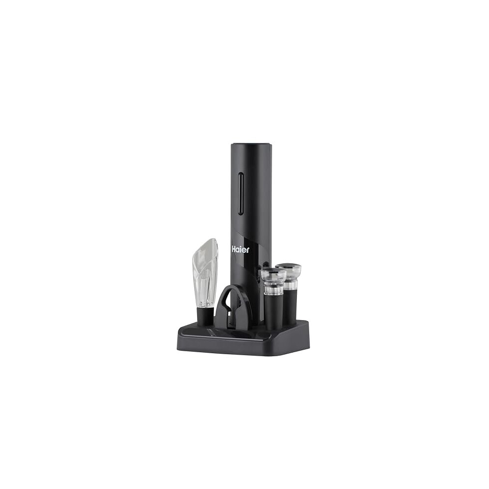 Haier 5-In-1 Electric Wine Bottle Opener Kit, Battery-Powered, Includes Tulip Wine Aerator Pourer, Foil Cutter, 2 Wine Vacuum Bottle Stoppers, Storage Base,