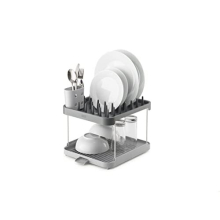 Duo 2-tier Dish Drying Rack, Kitchen Dish Plate Drainer with Utensil Pot and Draining Spout, Grey