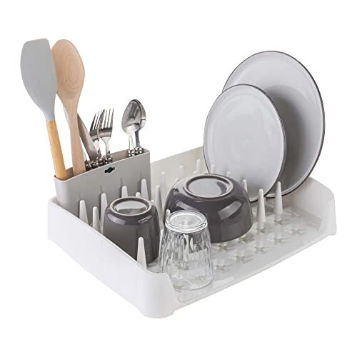 Minky Dish Rack With Caddy, Easy Clean, Multi Position Utensil Caddy, White & Grey