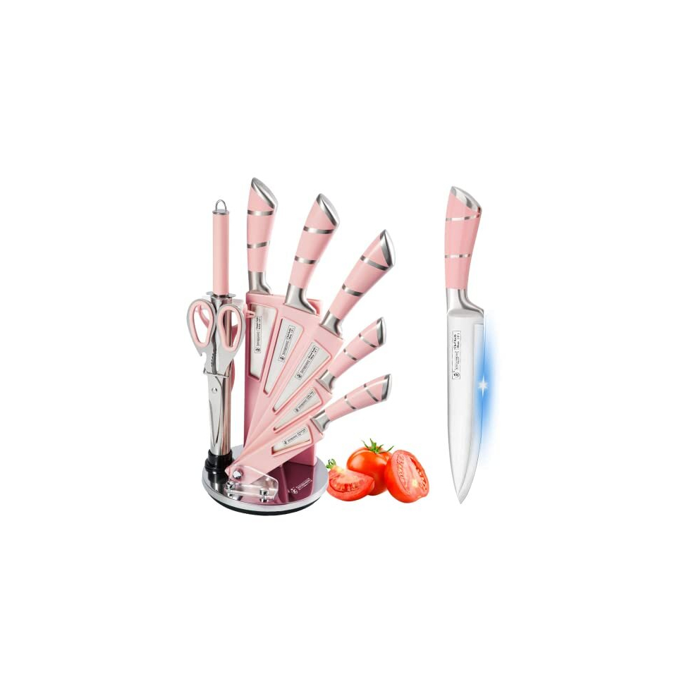 Sharp Kitchen Knife Set with Rotating Block – 9pcs Stainless Steel Knife Block – 360 Degree Rotating Acrylic Stand Chef Knife Set for Chopping,
