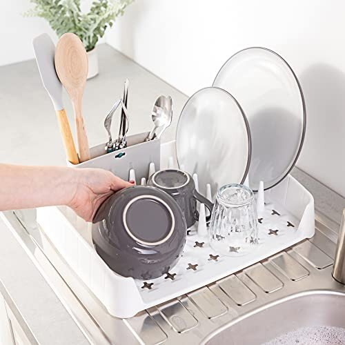 Minky Dish Rack With Caddy, Easy Clean, Multi Position Utensil Caddy, White & Grey 2