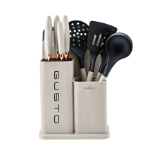 Gusto Knife, Chopping Board and Kitchen Utensil Set with Stand, 12 Pieces, Stainless Steel Knives, Pasta and Serving Spoons, Slotted Turner, Skimmer,