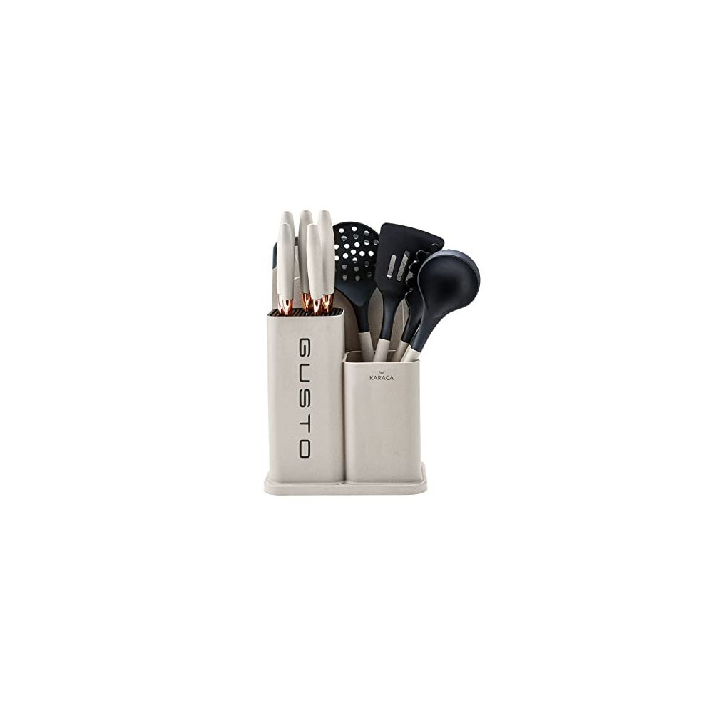 Gusto Knife, Chopping Board and Kitchen Utensil Set with Stand, 12 Pieces, Stainless Steel Knives, Pasta and Serving Spoons, Slotted Turner, Skimmer,