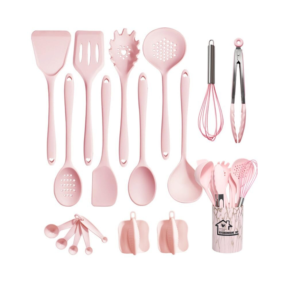 Silicone Utensil Set Kitchen Utensils, 18pcs Cooking Utensils Set, Including Turner Spatula Tong Spoon Non-Stick Heat Resistant Cooking Gadgets,Pink