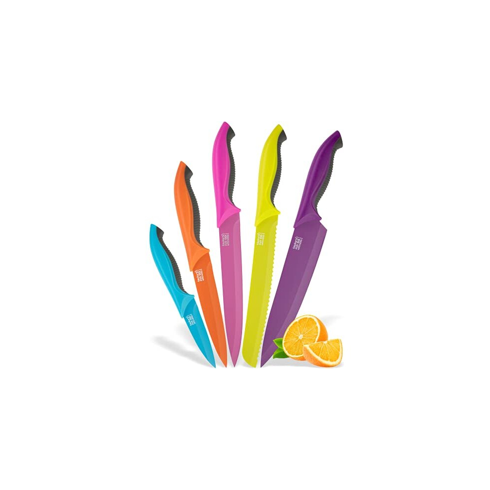 5 Piece Non-Stick Knife Set - by Taylors Eye Witness. Paring, All Purpose, Carving, Bread & Chefs Stainless Steel Knives. A Rainbow of Colourful Sharp