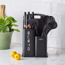 Gusto Knife, Chopping Board and Kitchen Utensil Set with Stand, 12 Pieces, Stainless Steel Knives, Pasta and Serving Spoons, Slotted Turner, Skimmer,